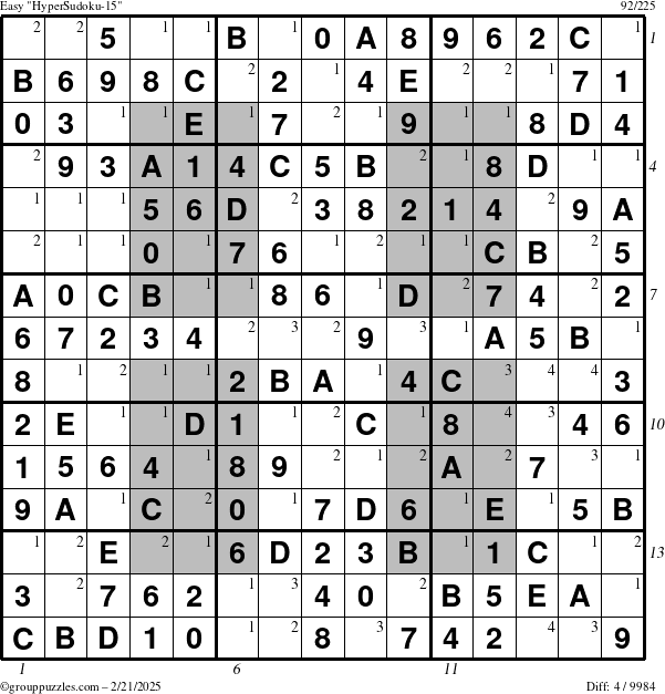 The grouppuzzles.com Easy HyperSudoku-15 puzzle for Friday February 21, 2025 with all 4 steps marked