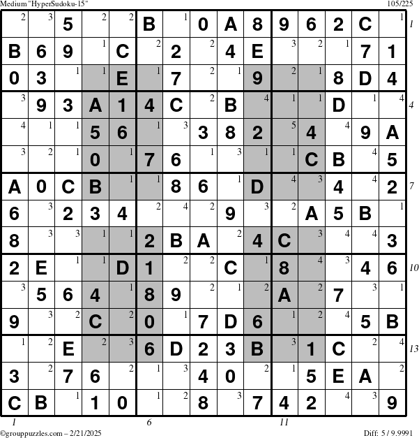 The grouppuzzles.com Medium HyperSudoku-15 puzzle for Friday February 21, 2025 with all 5 steps marked