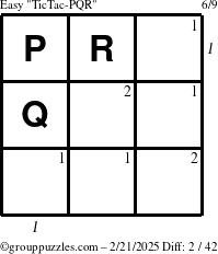 The grouppuzzles.com Easy TicTac-PQR puzzle for Friday February 21, 2025, suitable for printing, with all 2 steps marked