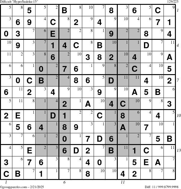 The grouppuzzles.com Difficult HyperSudoku-15 puzzle for Friday February 21, 2025 with all 11 steps marked