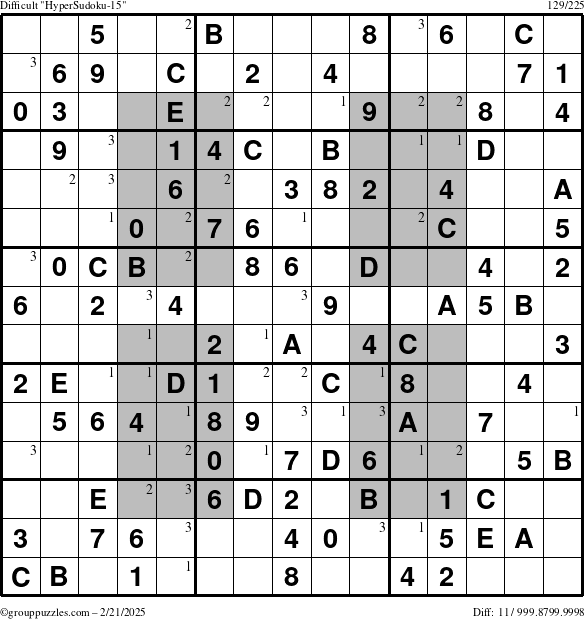 The grouppuzzles.com Difficult HyperSudoku-15 puzzle for Friday February 21, 2025 with the first 3 steps marked