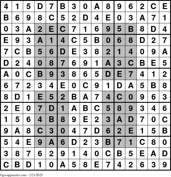 The grouppuzzles.com Answer grid for the HyperSudoku-15 puzzle for Friday February 21, 2025