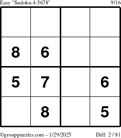 The grouppuzzles.com Easy Sudoku-4-5678 puzzle for Wednesday January 29, 2025