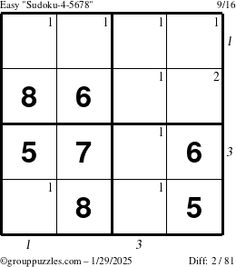 The grouppuzzles.com Easy Sudoku-4-5678 puzzle for Wednesday January 29, 2025 with all 2 steps marked