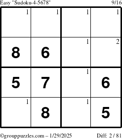 The grouppuzzles.com Easy Sudoku-4-5678 puzzle for Wednesday January 29, 2025 with the first 2 steps marked