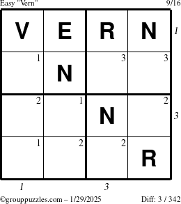 The grouppuzzles.com Easy Vern puzzle for Wednesday January 29, 2025 with all 3 steps marked