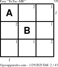 The grouppuzzles.com Easy TicTac-ABC puzzle for Wednesday January 29, 2025 with all 2 steps marked