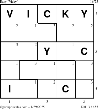 The grouppuzzles.com Easy Vicky puzzle for Wednesday January 29, 2025 with all 3 steps marked