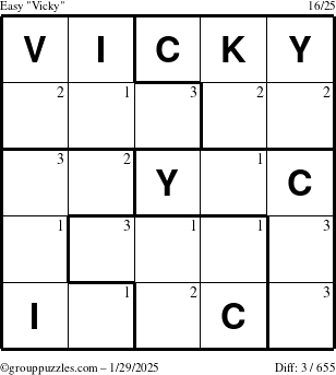 The grouppuzzles.com Easy Vicky puzzle for Wednesday January 29, 2025 with the first 3 steps marked