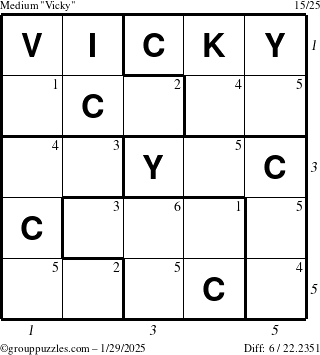 The grouppuzzles.com Medium Vicky puzzle for Wednesday January 29, 2025 with all 6 steps marked