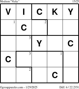 The grouppuzzles.com Medium Vicky puzzle for Wednesday January 29, 2025 with the first 3 steps marked