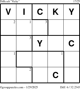 The grouppuzzles.com Difficult Vicky puzzle for Wednesday January 29, 2025 with the first 3 steps marked