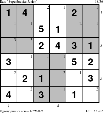 The grouppuzzles.com Easy SuperSudoku-Junior puzzle for Wednesday January 29, 2025 with all 3 steps marked