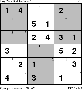 The grouppuzzles.com Easy SuperSudoku-Junior puzzle for Wednesday January 29, 2025 with the first 3 steps marked