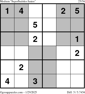 The grouppuzzles.com Medium SuperSudoku-Junior puzzle for Wednesday January 29, 2025