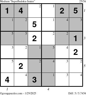 The grouppuzzles.com Medium SuperSudoku-Junior puzzle for Wednesday January 29, 2025 with all 5 steps marked