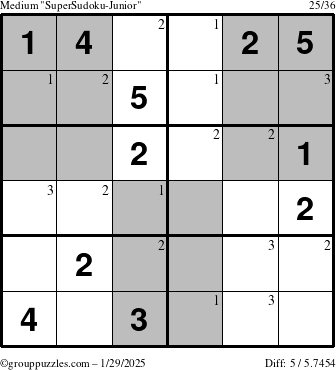 The grouppuzzles.com Medium SuperSudoku-Junior puzzle for Wednesday January 29, 2025 with the first 3 steps marked