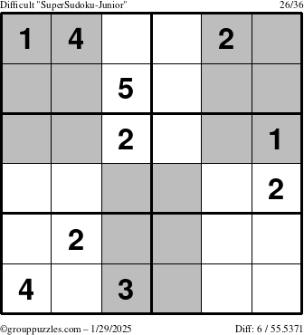 The grouppuzzles.com Difficult SuperSudoku-Junior puzzle for Wednesday January 29, 2025