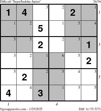 The grouppuzzles.com Difficult SuperSudoku-Junior puzzle for Wednesday January 29, 2025 with all 6 steps marked