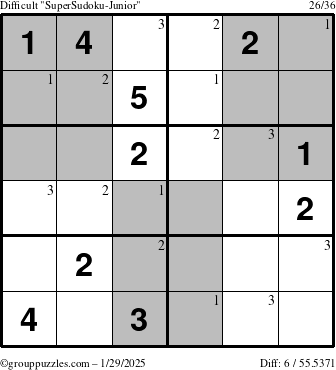 The grouppuzzles.com Difficult SuperSudoku-Junior puzzle for Wednesday January 29, 2025 with the first 3 steps marked