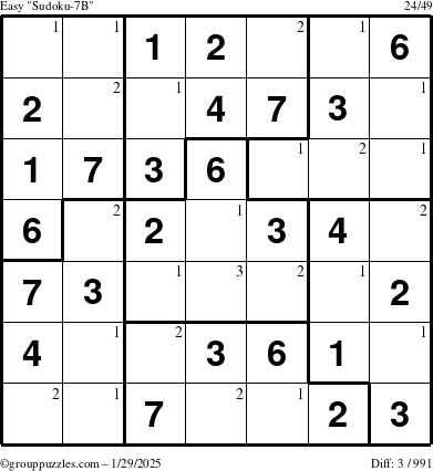 The grouppuzzles.com Easy Sudoku-7B puzzle for Wednesday January 29, 2025 with the first 3 steps marked