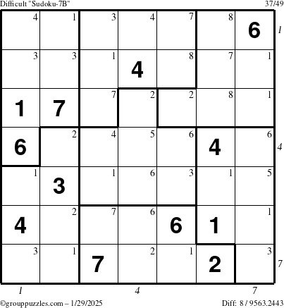 The grouppuzzles.com Difficult Sudoku-7B puzzle for Wednesday January 29, 2025 with all 8 steps marked