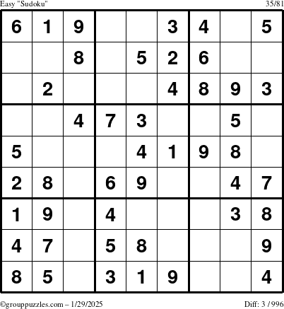 The grouppuzzles.com Easy Sudoku puzzle for Wednesday January 29, 2025