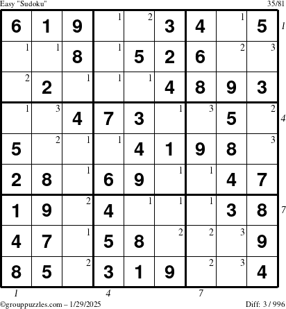 The grouppuzzles.com Easy Sudoku puzzle for Wednesday January 29, 2025 with all 3 steps marked