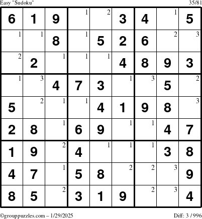 The grouppuzzles.com Easy Sudoku puzzle for Wednesday January 29, 2025 with the first 3 steps marked