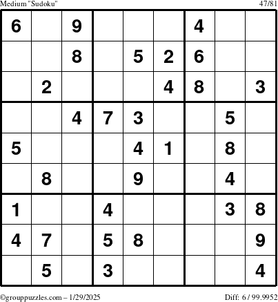 The grouppuzzles.com Medium Sudoku puzzle for Wednesday January 29, 2025