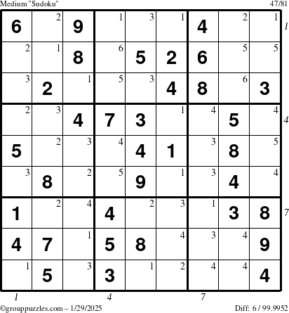 The grouppuzzles.com Medium Sudoku puzzle for Wednesday January 29, 2025 with all 6 steps marked