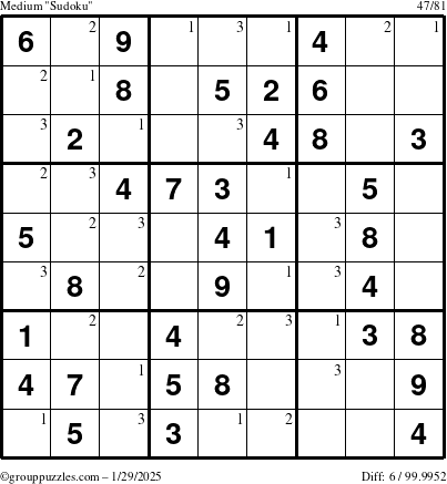 The grouppuzzles.com Medium Sudoku puzzle for Wednesday January 29, 2025 with the first 3 steps marked