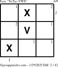 The grouppuzzles.com Easy TicTac-VWX puzzle for Wednesday January 29, 2025 with all 2 steps marked