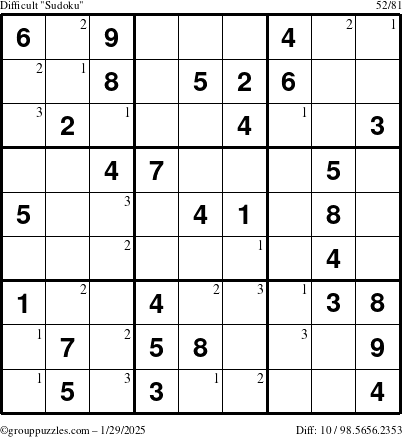 The grouppuzzles.com Difficult Sudoku puzzle for Wednesday January 29, 2025 with the first 3 steps marked