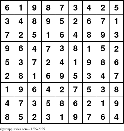 The grouppuzzles.com Answer grid for the Sudoku puzzle for Wednesday January 29, 2025