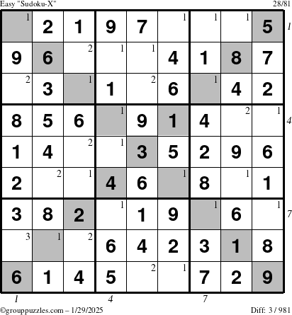 The grouppuzzles.com Easy Sudoku-X puzzle for Wednesday January 29, 2025 with all 3 steps marked