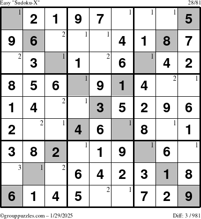 The grouppuzzles.com Easy Sudoku-X puzzle for Wednesday January 29, 2025 with the first 3 steps marked