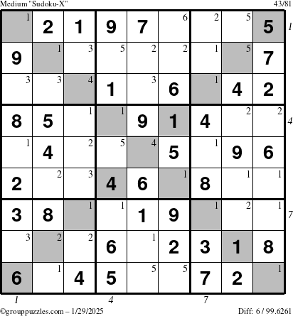 The grouppuzzles.com Medium Sudoku-X puzzle for Wednesday January 29, 2025 with all 6 steps marked