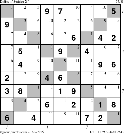 The grouppuzzles.com Difficult Sudoku-X puzzle for Wednesday January 29, 2025 with all 11 steps marked