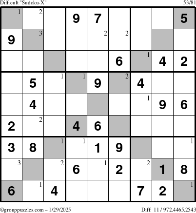 The grouppuzzles.com Difficult Sudoku-X puzzle for Wednesday January 29, 2025 with the first 3 steps marked