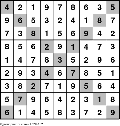 The grouppuzzles.com Answer grid for the Sudoku-X puzzle for Wednesday January 29, 2025