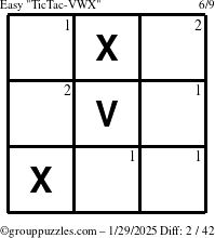 The grouppuzzles.com Easy TicTac-VWX puzzle for Wednesday January 29, 2025 with the first 2 steps marked