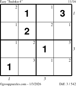 The grouppuzzles.com Easy Sudoku-4 puzzle for Saturday January 3, 2026, suitable for printing, with all 3 steps marked