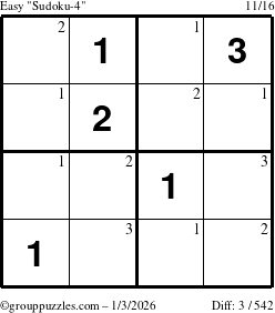 The grouppuzzles.com Easy Sudoku-4 puzzle for Saturday January 3, 2026 with the first 3 steps marked