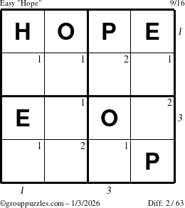 The grouppuzzles.com Easy Hope puzzle for Saturday January 3, 2026, suitable for printing, with all 2 steps marked