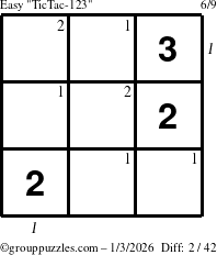 The grouppuzzles.com Easy TicTac-123 puzzle for Saturday January 3, 2026 with all 2 steps marked