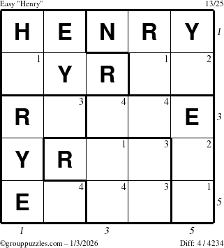 The grouppuzzles.com Easy Henry puzzle for Saturday January 3, 2026, suitable for printing, with all 4 steps marked