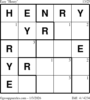 The grouppuzzles.com Easy Henry puzzle for Saturday January 3, 2026 with the first 3 steps marked