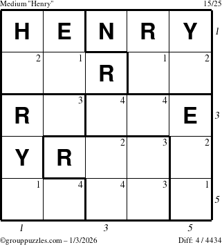 The grouppuzzles.com Medium Henry puzzle for Saturday January 3, 2026, suitable for printing, with all 4 steps marked