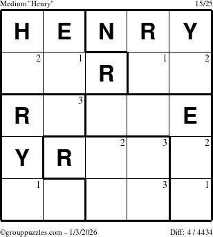 The grouppuzzles.com Medium Henry puzzle for Saturday January 3, 2026 with the first 3 steps marked